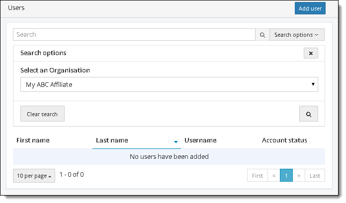 Empty specific organization user management list.